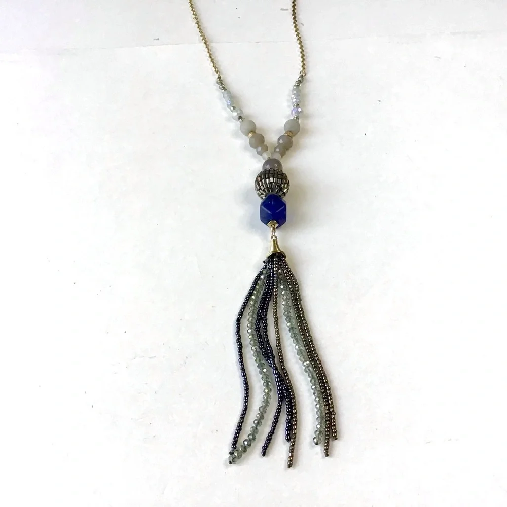 Beaded Tassel Necklace Blue & Gray Mixed Beads Gold Tone Long 32” Chain W/Clasp